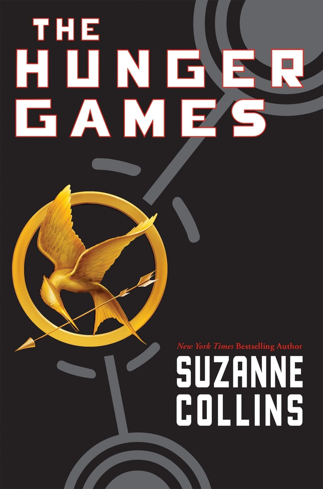 The Hunger Games book cover, black background with with writing, featuring a golden mockingjay symbol