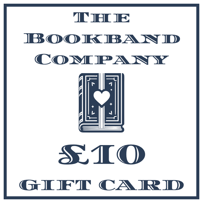 Gift card from The Bookband Company with a book design and heart symbol on a white background.
