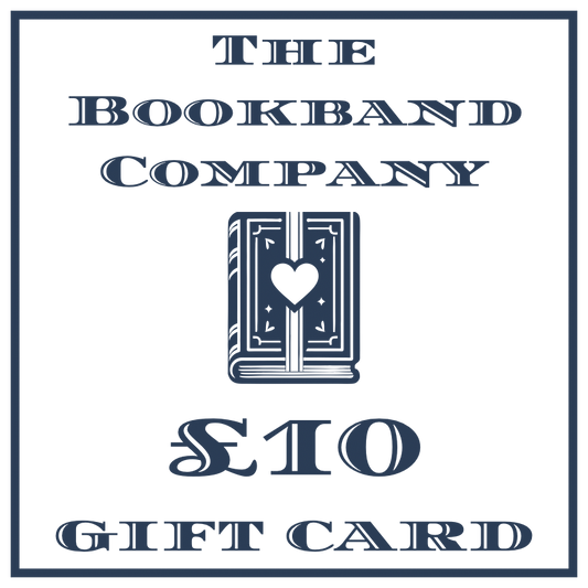 Gift card from The Bookband Company with a book design and heart symbol on a white background.