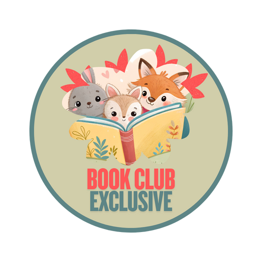 Circular badge with cartoon animals reading a book and 'Book Club Exclusive' text on a beige background